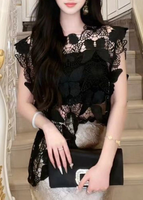 Rose Butterfly Hollow Out Lace Tops Sleeveless