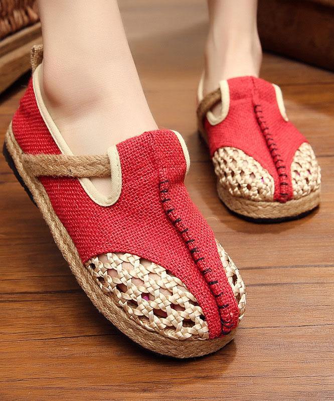 Red Flat Feet Shoes Linen Fabric Hollow Out Flats