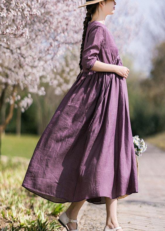 Purple Tie Waist V Neck Mid Summer Linen Dress