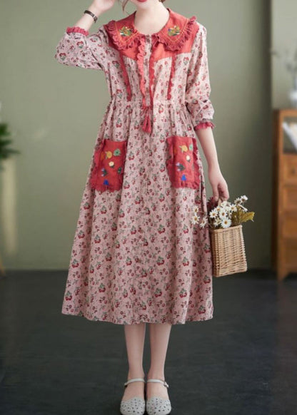 New Pink Ruffled Print Laceup Cotton Dress Spring
