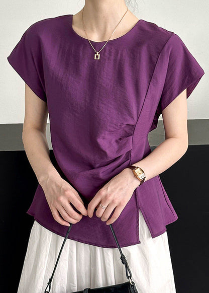 Simple Purple O Neck Front Open Cottontops Short Sleeve