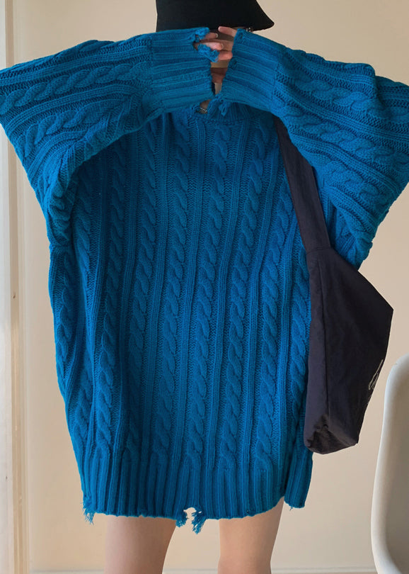 Loose Blue Hole Cable Knit Sweaters Winter