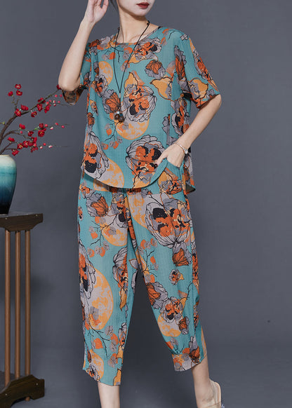 Diy Blue Oversized Print Linen Two Pieces Set Summer