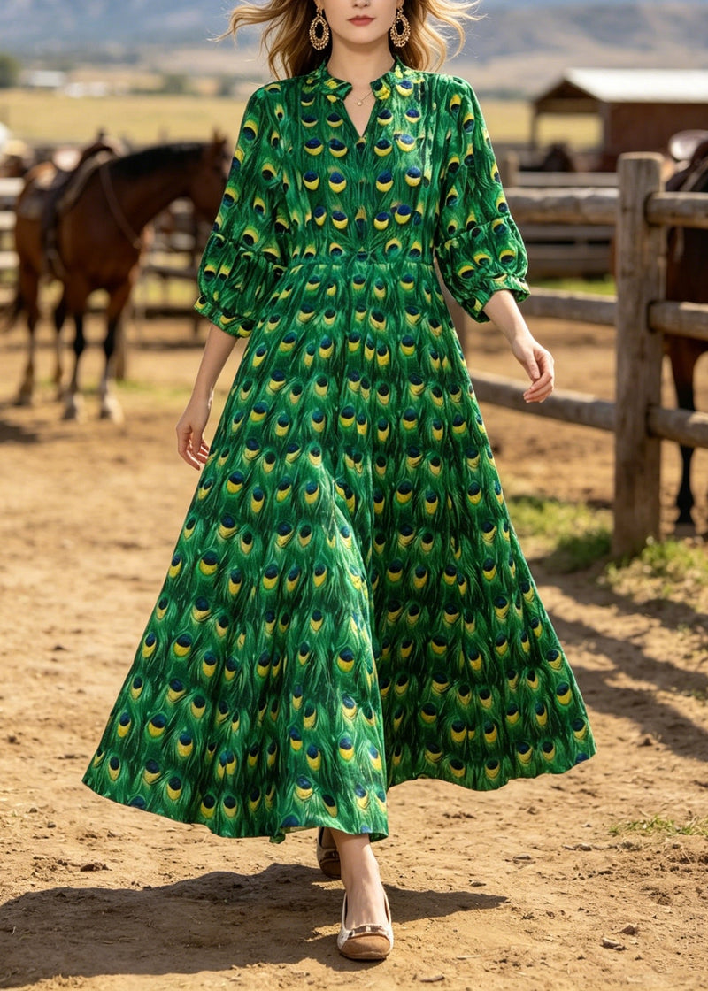 Green V Neck Print Cotton Long Dresses Summer