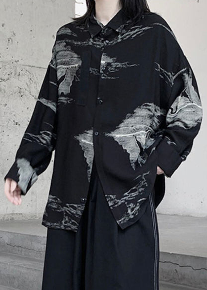 Black Peter Pan Collar Tie Dye Button Shirts Fall