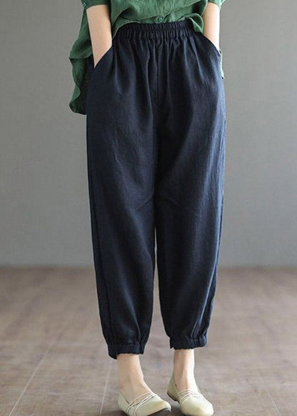 Navy Elastic Waist Harem Cotton Pants Summer