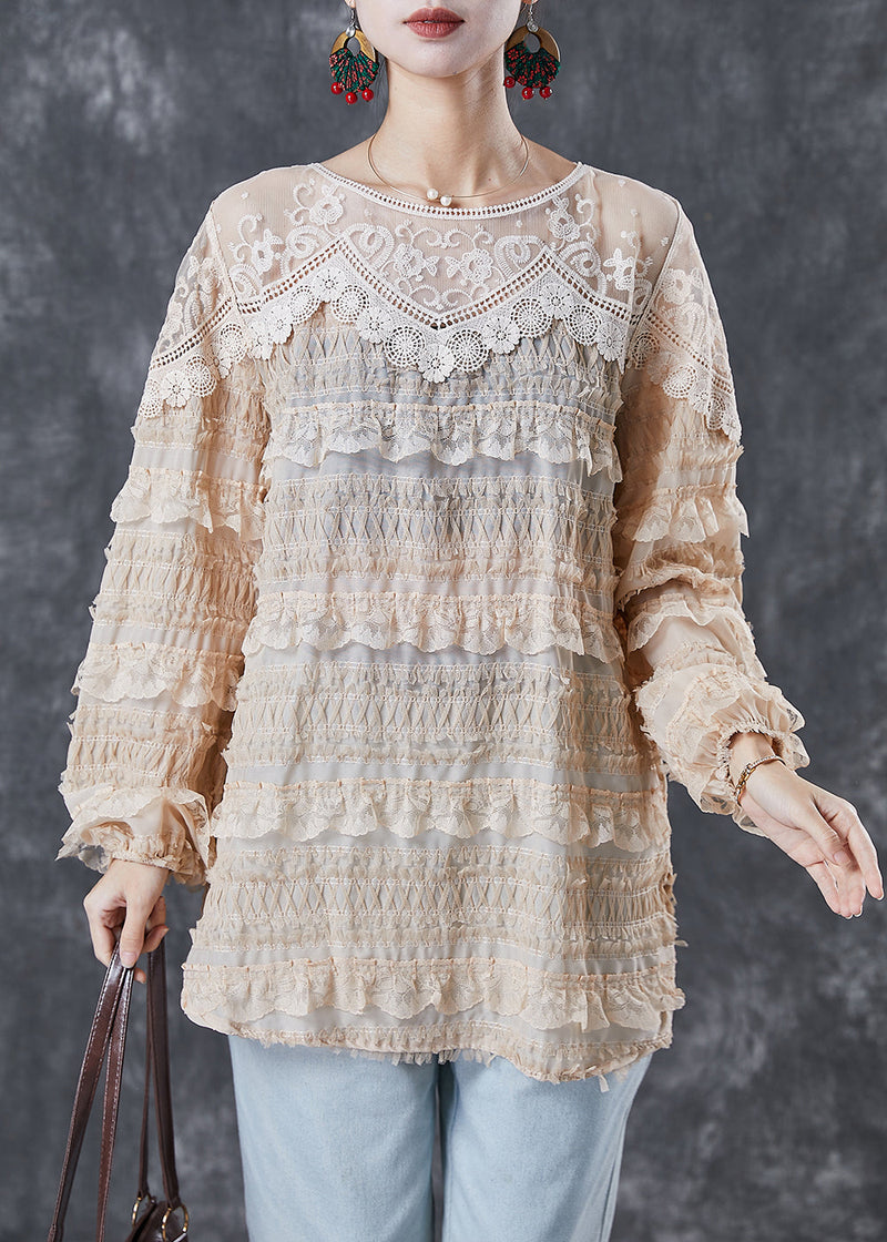 Apricot Patchwork Lace Shirt Tops Ruffled Spring