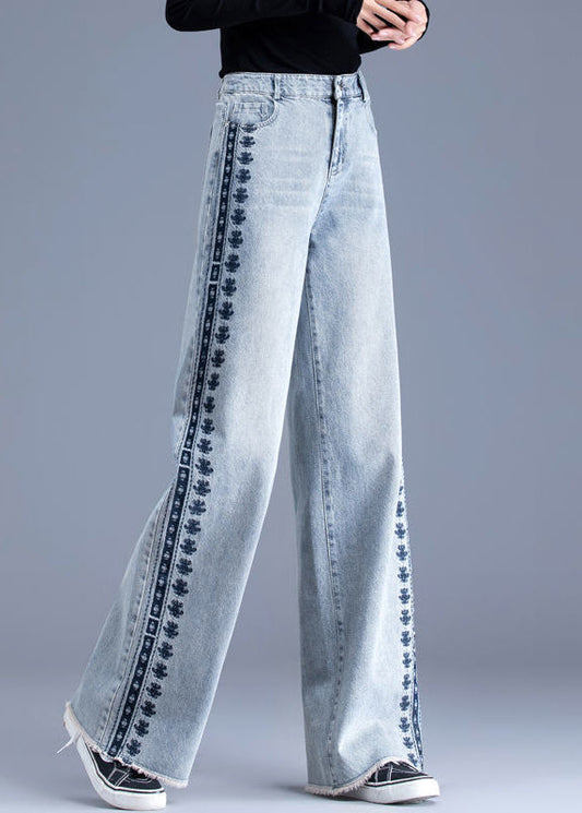 Blue Embroidered Pockets Patchwork Denim Pants Spring