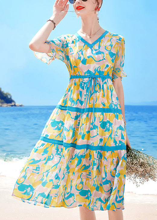 Lake Blue V Neck Drawstring Print Chiffon Beach Dresses Short Sleeve