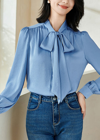 Stylish Blue Bow Patchwork Shirt Fall