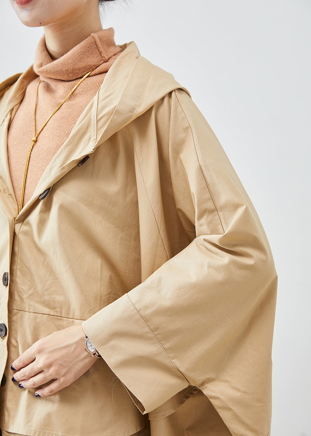 Khaki Oversized Patchwork Cotton Coats Batwing Sleeve