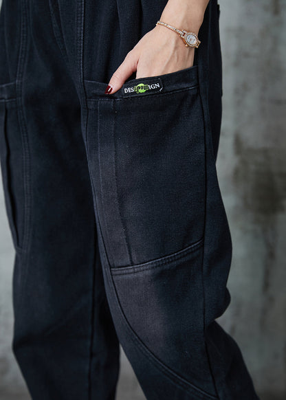 Fine Black Oversized Pockets Denim Harem Pants Spring