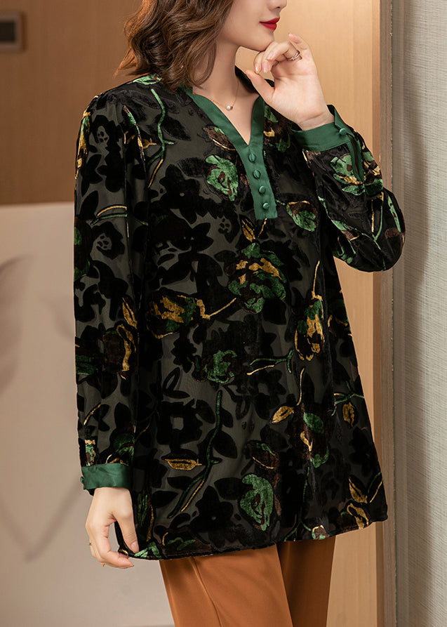 V Neck Print Hollow Out Button Velour Tops Long Sleeve