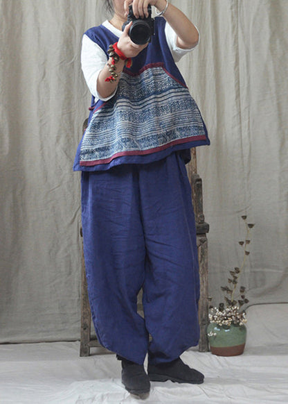 Blue O-neck Patchwork Linen Tank Top Fall