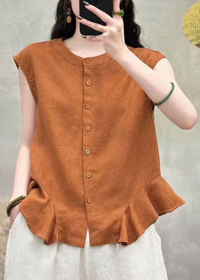 Handmade Green Ruffled Button Patchwork Linen Top Sleeveless
