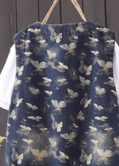 Style Blue V Neck Print Pockets Denim Coats Fall