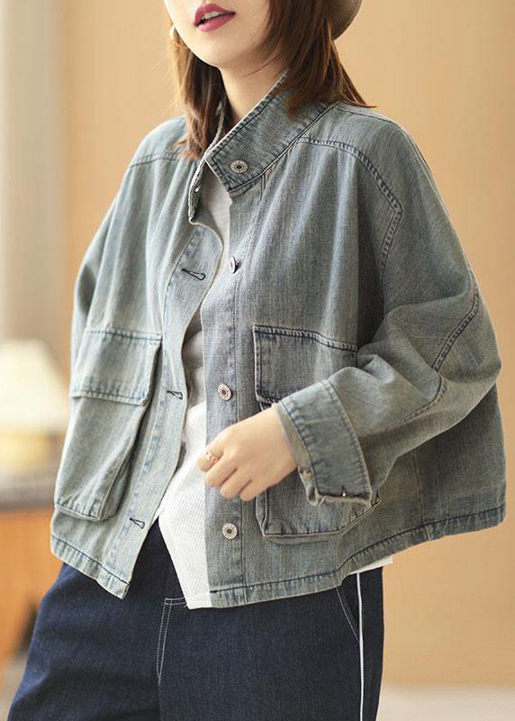 Light Blue Pockets Button Fall Denim Long Sleeve Coat