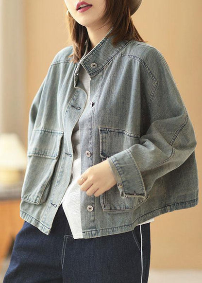 Light Blue Pockets Button Fall Denim Long Sleeve Coat