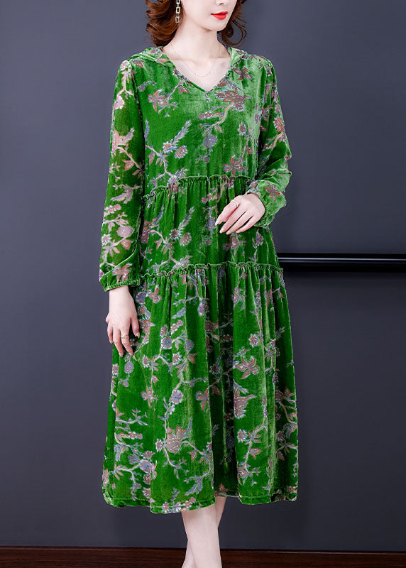 Green Ruffled Patchwork Velour Dresses Spring