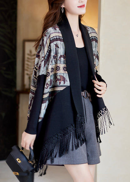 Fine Green Tasseled Print Patchwork Knit Cardigan Batwing Sleeve