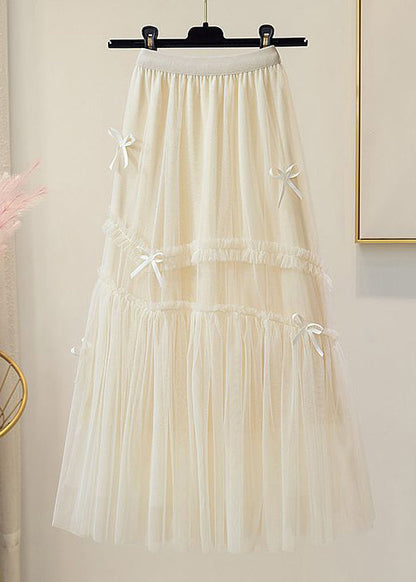 New Apricot Elastic Waist Tulle Pleated Skirt