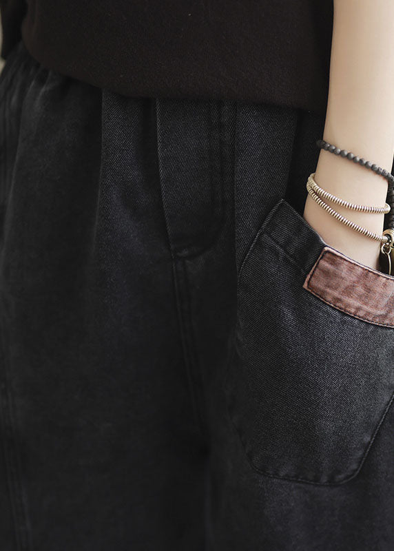 Natural Blue Elastic Waist Pockets Denim Pants Spring