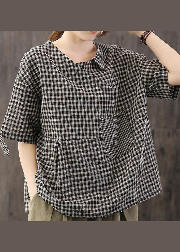 Black Asymmetrical Plaid Cotton Blouses Half Sleeve