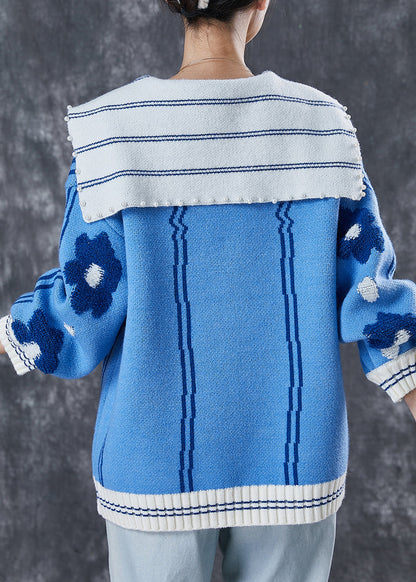 Blue Jacquard Knitted Tops Oversized Pearls Spring