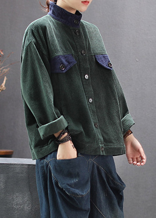 Green Stand Collar Button Corduroy Coats Spring