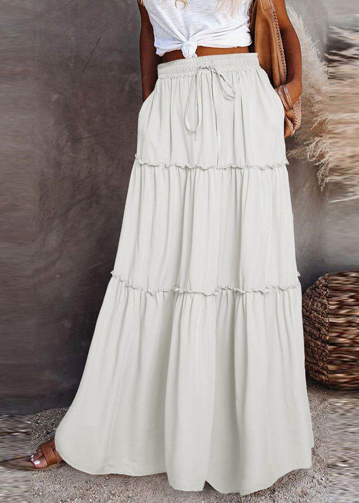 White Ruffled Patchwork Elastic Waist Maxi Skirts Summer