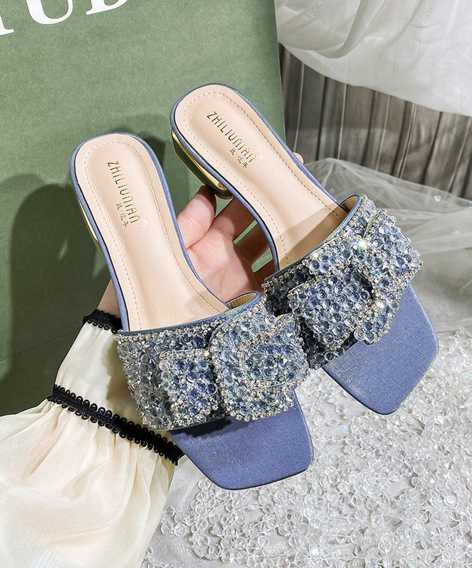 Summer New Blue Zircon Peep Toe Slide Sandals