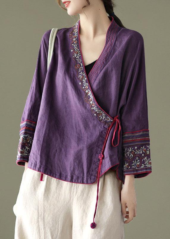 Navy Embroidered Long Sleeve Linen Shirt