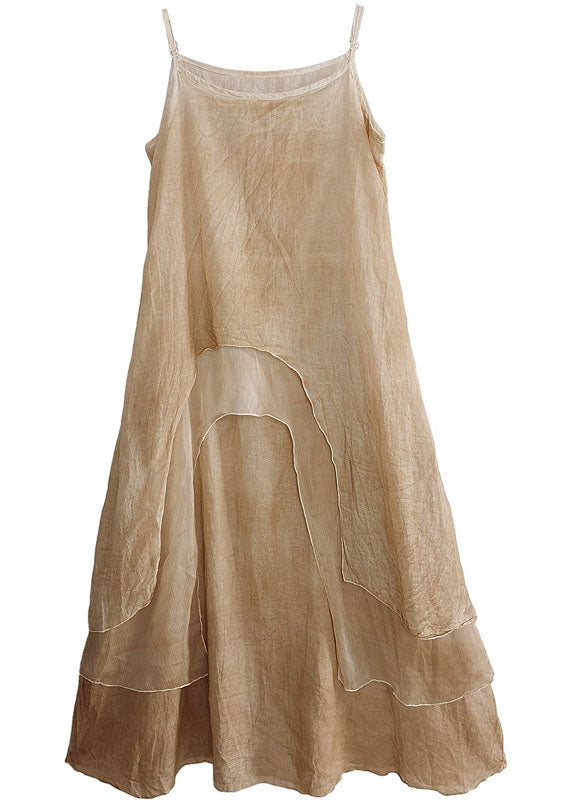 Khaki Asymmetrical Design Cotton Holiday Spaghetti Strap Dress Summer