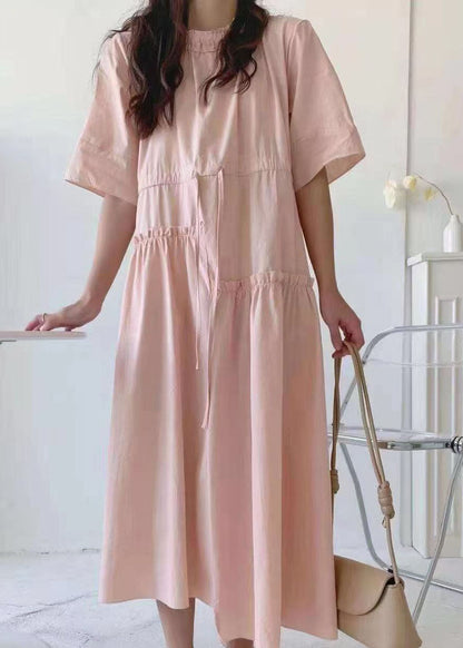 Pink O-neck Asymmetrical Patchwork Cotton Dress Summer