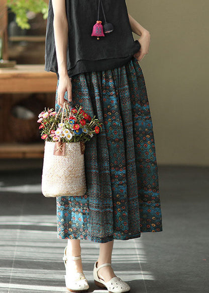 Blue Elastic Waist Print Patchwork Linen Skirts Summer