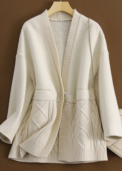 Black V Neck Button Knit Patchwork Woolen Coats Long Sleeve