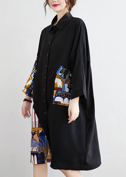 Black Button Print Patchwork Cotton Blouses Dress Fall