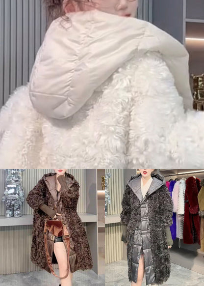 Loose White Hooded Button Patchwork Leather and Fur Coats Winter