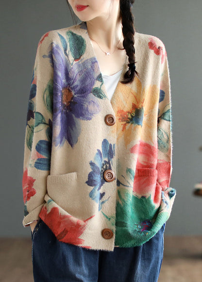 Diy Khaki V Neck Print Mink Hair Knitted Loose Coat Spring