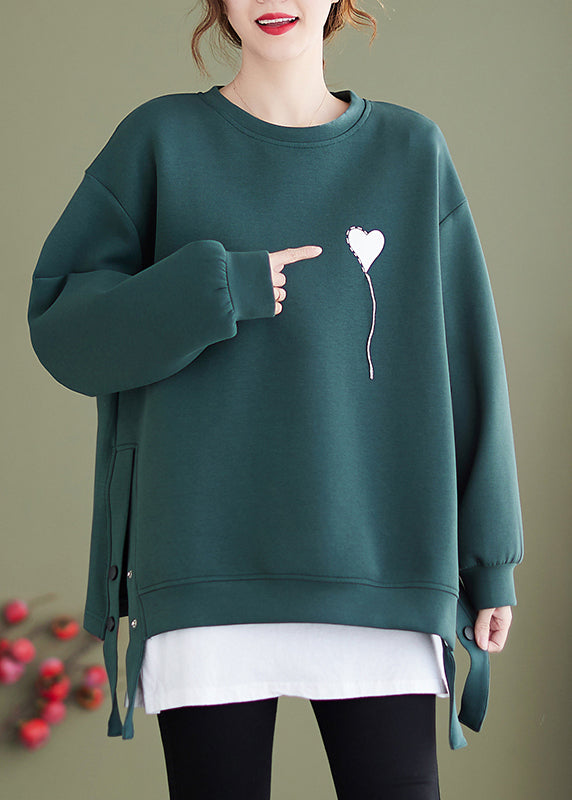 Red O Neck Heart Print Cotton Sweatshirt Winter
