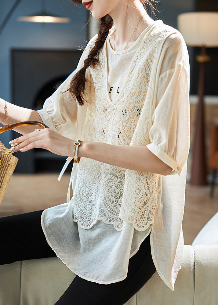 Beige O Neck Lace Patchwork False Two Pieces Chiffon Top Summer