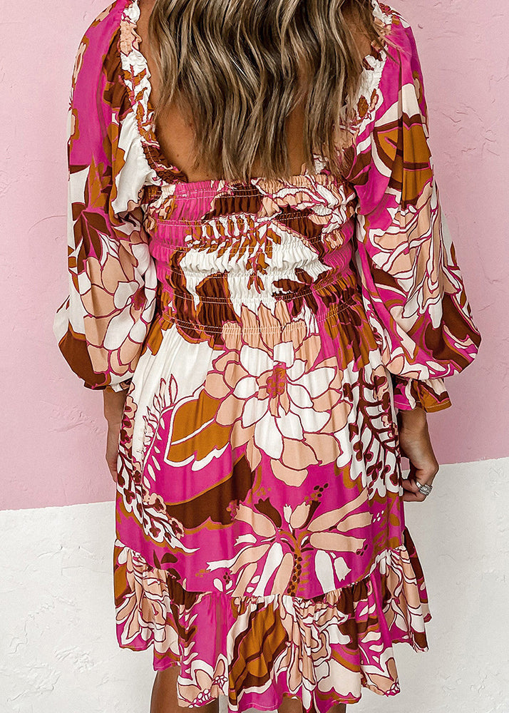 Rose Square Collar Wrinkled Mid Dress Fall