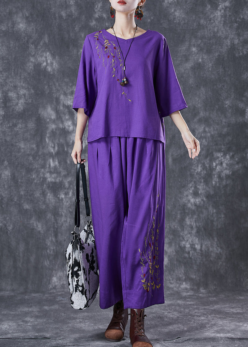 Purple Embroideried Linen Two Pieces Set Summer