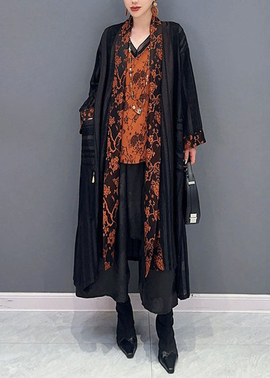 Black Tulle Maxi Cardigans and Print Top Two Pieces Set Fall