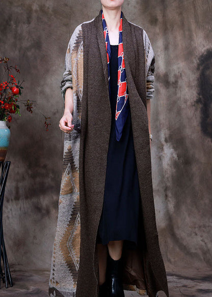 Organic Chocolate V Neck Print Asymmetrical Design Patchwork Fall Woolen Coat Long Sleeve