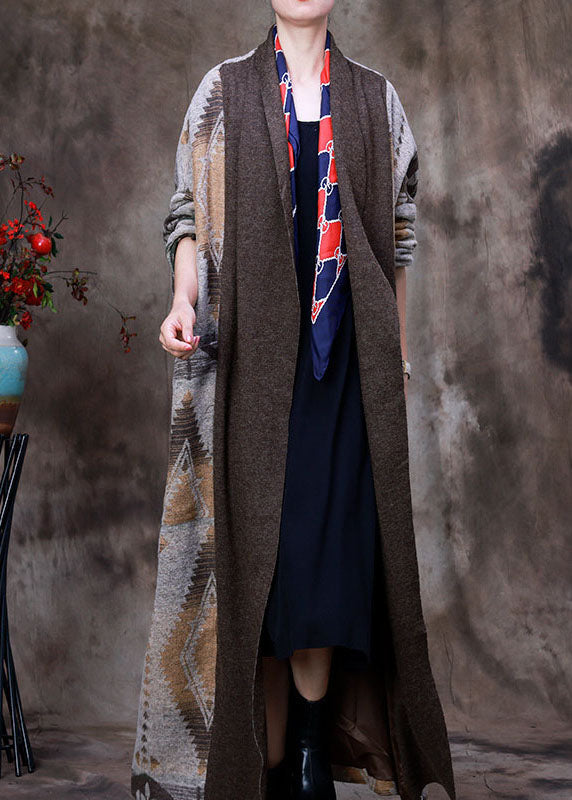 Organic Chocolate V Neck Print Asymmetrical Design Patchwork Fall Woolen Coat Long Sleeve