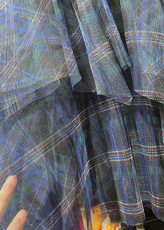Khaki Asymmetrical Plaid Elastic Waist Layered Tulle Maxi Skirts Spring