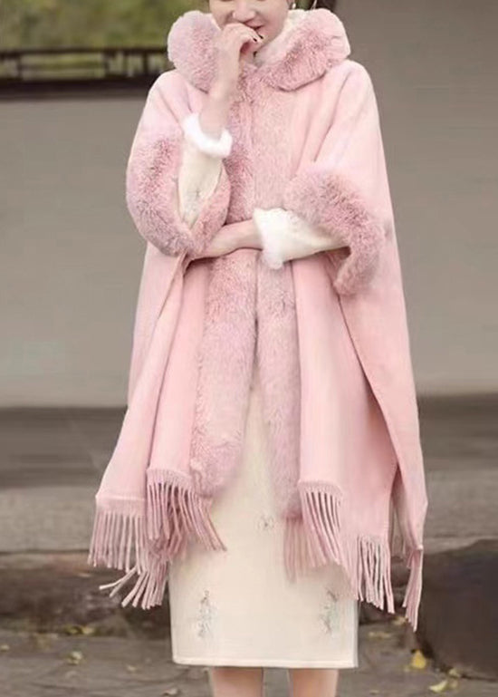 Pink Fur Collar Tassel Hooded Woolen Coat Fall
