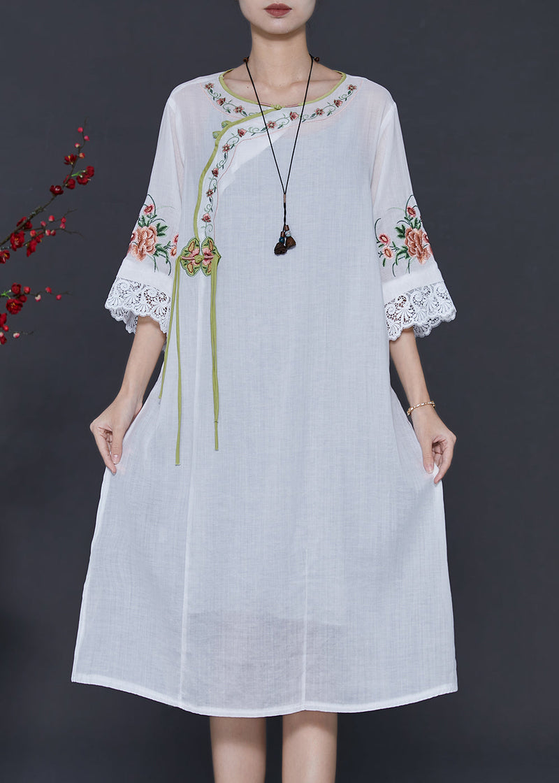 White Embroidered Patchwork Linen Oriental Dresses Summer