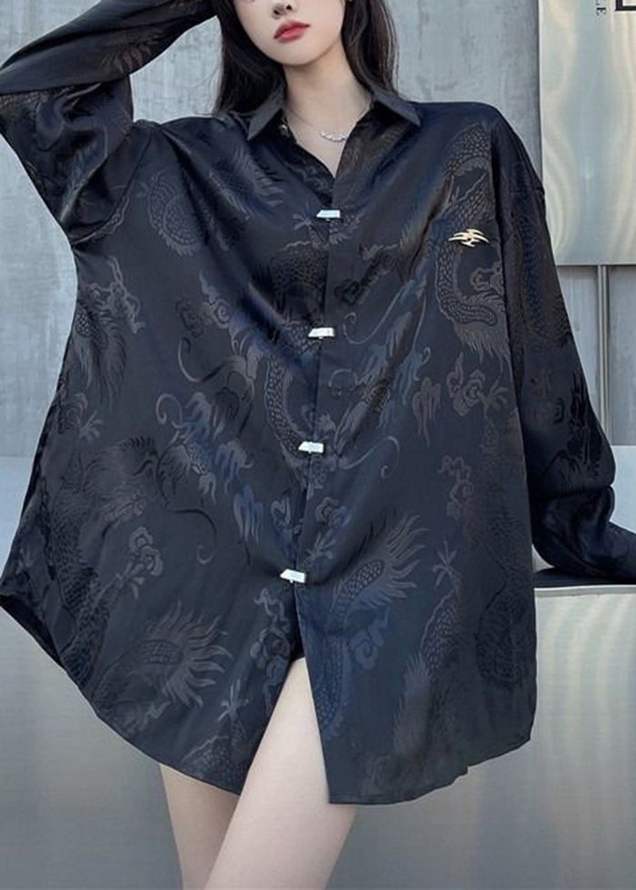 Black Oversized Jacquard Silk Shirt Tops Fall